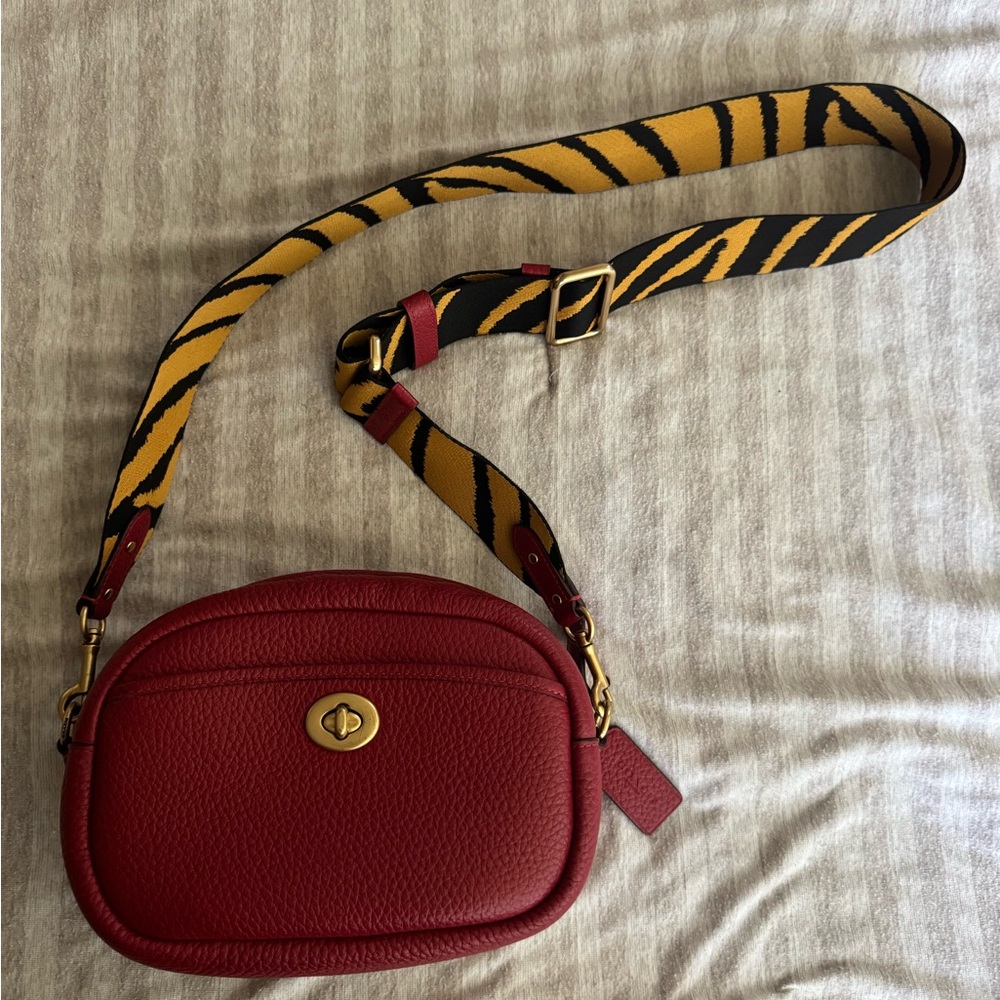 Coach Lunar New Year Red Leather Crossbody Bag with Tiger Patterned Strap